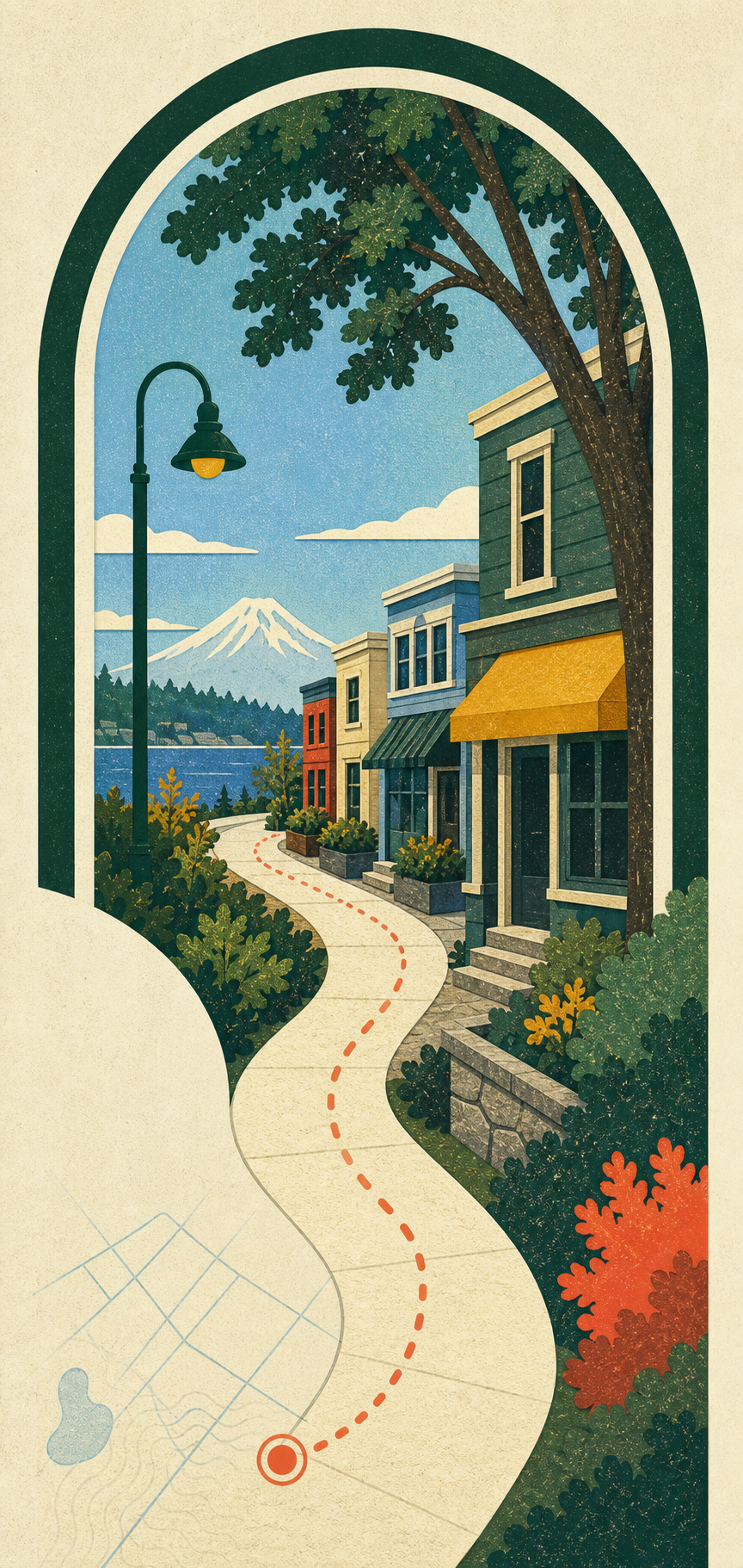 Illustrated neighborhood street with a winding walking route